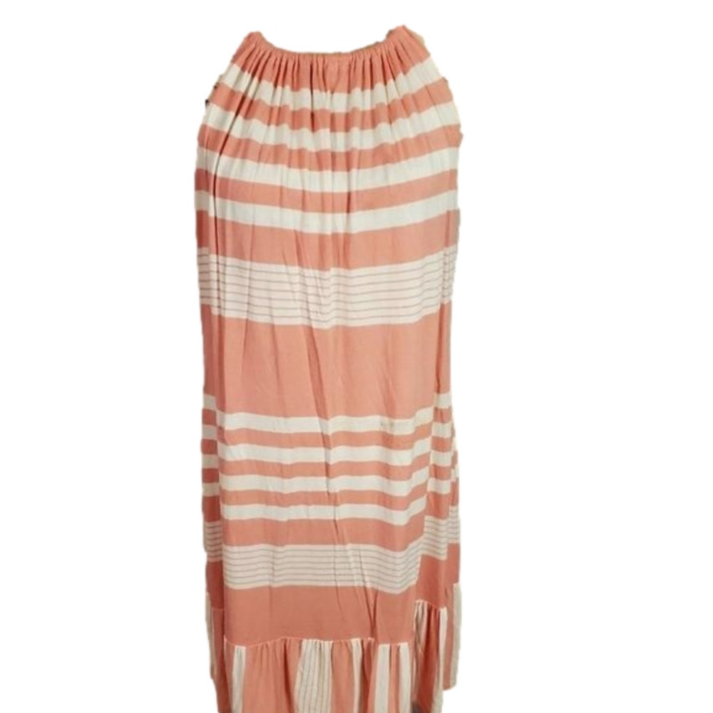 Olivia Matthews Pink Salmon Cream Ruffled Striped Sundress Midi Dress Size Large